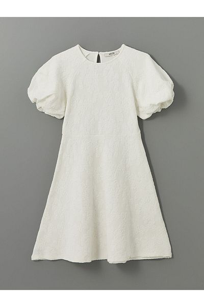 LC Waikiki Xside Ecru Crew Neck Print Balloon Sleeve Women's Dress