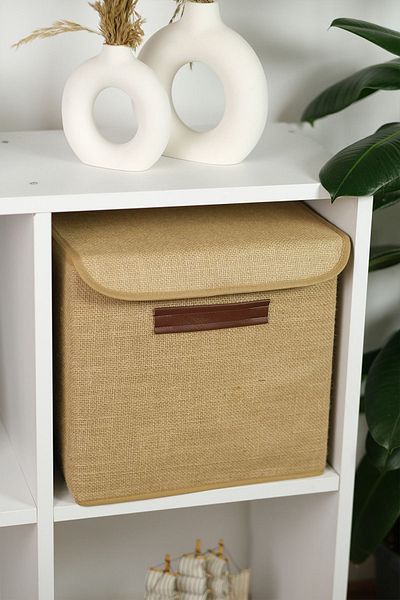 PRENDİ HOME صندوق غطاء بمقبض جلدي من قماش الجوت مقاس 30x30x30
