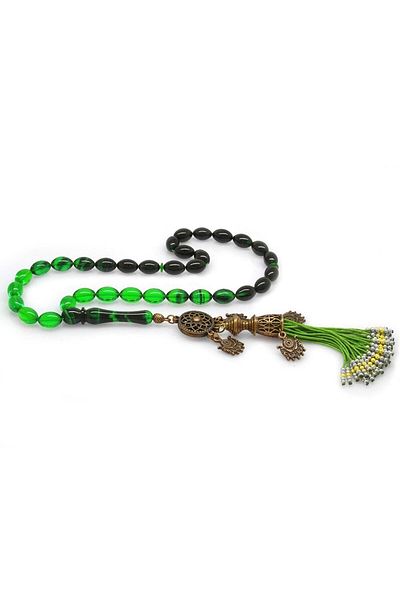 Tesbihane Antique Copper Ottoman Palace Tufted Barley Cut Filtered Green-black Fire Amber Prayer Beads