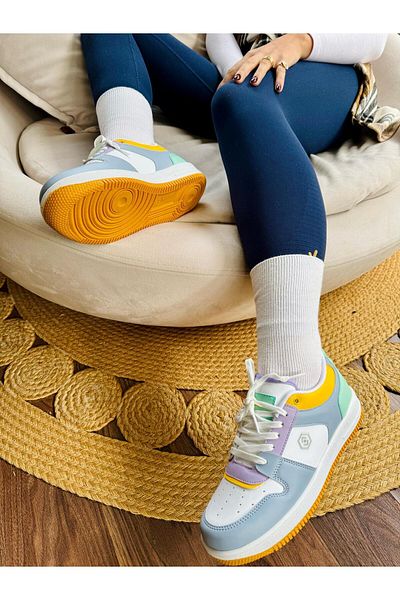 İnan Ayakkabı Blue White Vegan Leather Sneakers Women's Sports Shoes (Sole 3.5 cm)