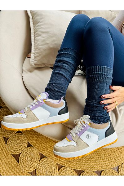 İnan Ayakkabı Women's Beige White Color Vegan Leather Sneakers & Sports Shoes (Sole 3.5 cm)