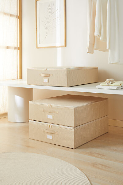 Ocean Home Textile 3 Adet Büyük Boy Bej Balıksırtı Baza Altı Valiz Düzenleyici Destekli Kutu Hurç 55x70x18