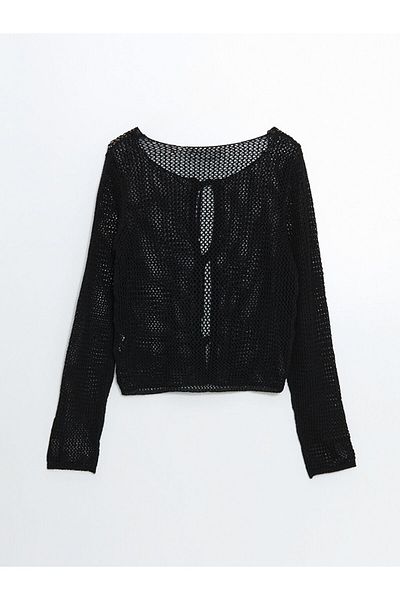 LC Waikiki Black Boat Neck Openwork Women's Knitwear Cardigan