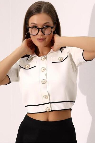 Irmak Kerekli Tricotaj cu guler polo Cardigan crop cu nasturi perlat 2203