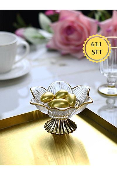 FAIR HOME Lotus Flower Glass Turkish Delight Bowl Metal Foot Dragee Set (6 Pieces)