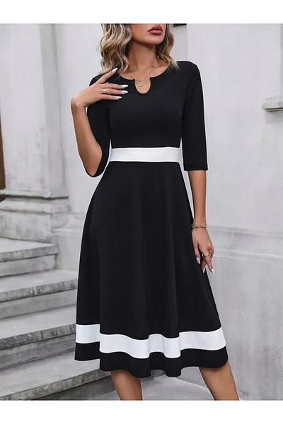 COTTONLAB Rochie midi din crepon de culoare bloc cu mâneci slabe pentru femei