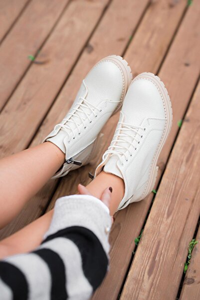 Parponi Drop Fermuarlı Kadın Hakiki Deri Bot Ekru