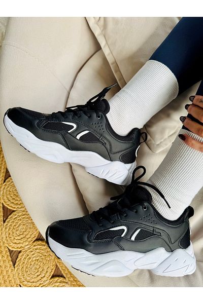 İnan Ayakkabı Women's Black Color Vegan Leather Women's Sneakers & Sports Shoes (Sole 4 cm)
