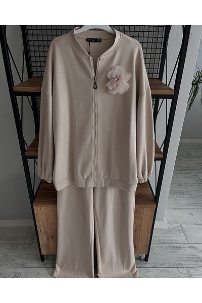 My twins Ewas Stone Detailed Light Shiny Women's Pants and Cardigan Set