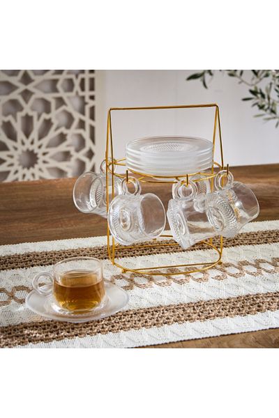 Home Box Orchid 12-Piece Glass Cup and Saucer Set with Stand 100 ml