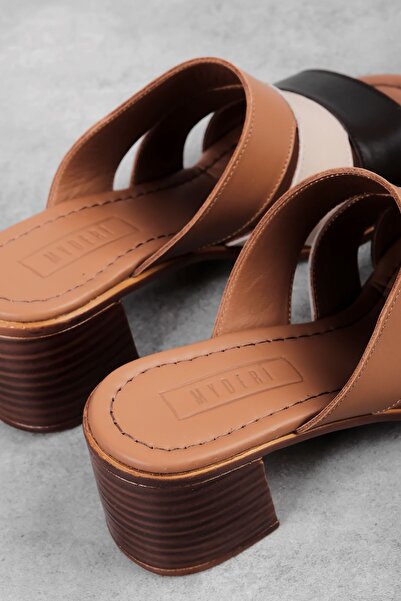 MY DERİ Hany Women's Genuine Leather Three-Stripe Heeled Slippers 3750