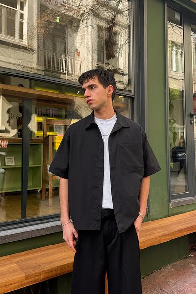 Flaw Wear Black Short Sleeve Shirt with Back Text Embroidery