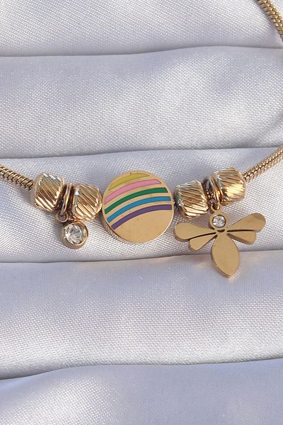 Mu Art Ahşap 316L Steel Gold Color Zircon Stone Dragonfly Bracelet with Rainbow Design