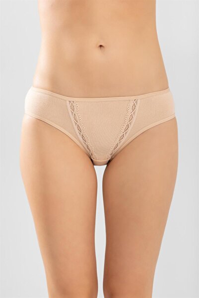 BAYKAR Kadın Pamuklu Zikzak Işlemeli Bikini Kesim Külot 3'lü Paket Ten Rengi