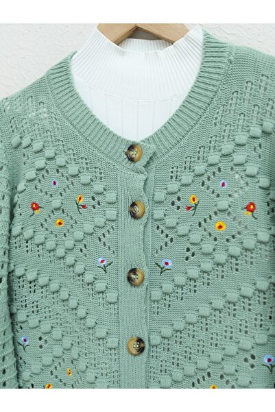 Modamorfo Floral Embroidered Pompom Openwork Knitwear Cardigan - Aqua Green
