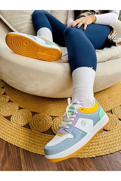 İnan Ayakkabı Blue White Vegan Leather Sneakers Women's Sports Shoes (Sole 3.5 cm)