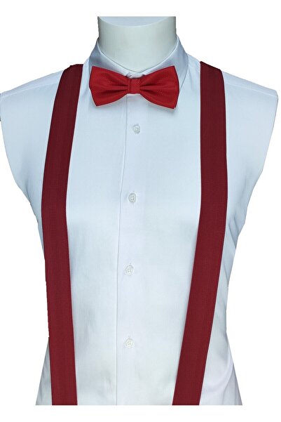 Elegante Cravatte Red Color Trouser Suspenders and Bow Tie Set
