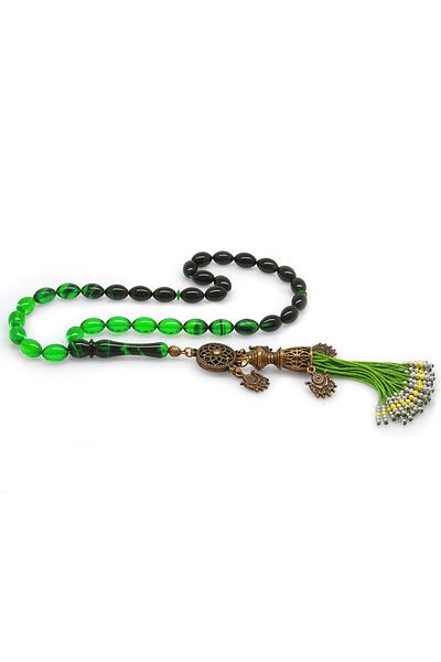 Tesbihane Antique Copper Ottoman Palace Tufted Barley Cut Filtered Green-black Fire Amber Prayer Beads