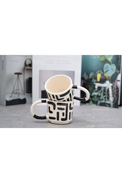 Melouro Black Calligraphic Stripes Set of 2 Handmade Ceramic Cups with Handles, Mug