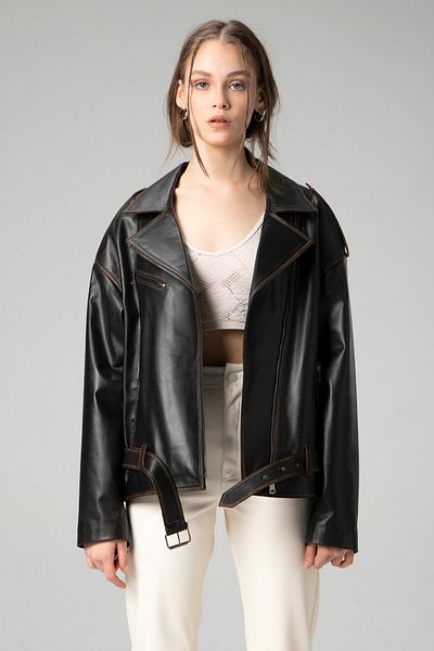 Dericlub Pamela Unisex Oversize Biker Coat - Genuine Leather, Black/tan