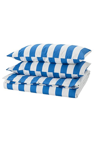 erorex Duvet cover and 2 pillowcases, blue/white/striped, 240x220/50x80 cm