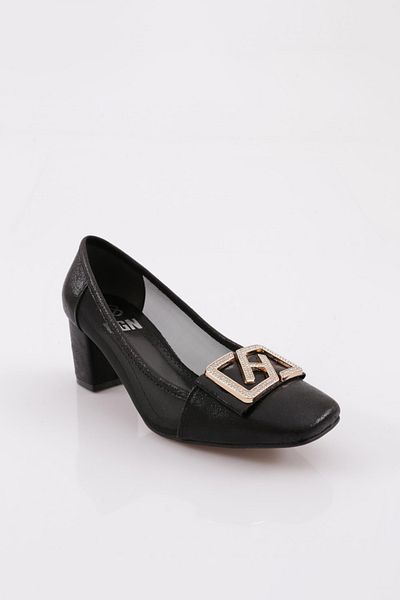 DGN Pantofi cu toc joasă cu cataramă H pentru damă, tencuiți negru 112422621