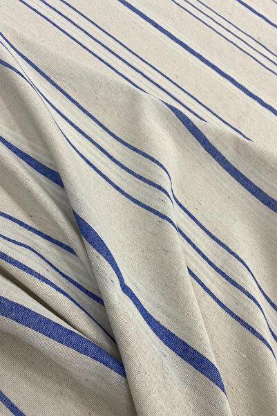 Yiğit Kumaş Μπλε κρεμ ριγέ ύφασμα με εφέ λινό