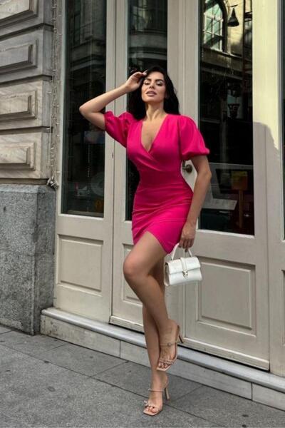Mossta Fuchsia Balloon Sleeve and Drawstring Double Breasted Dress