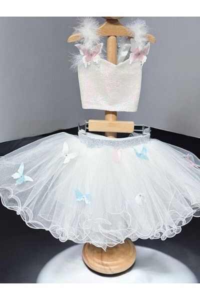 Okay Girl's Butterfly Patterned Sequin Cropped Tutu Skirt Set
