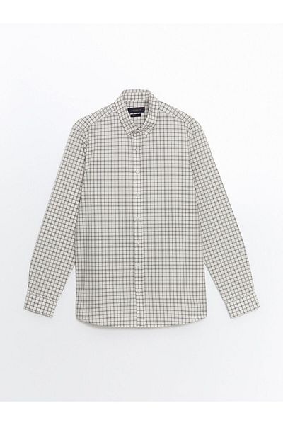 LC Waikiki Ανδρικό μακρυμάνικο καρό πουκάμισο LCW Vision Ecru Slim Fit