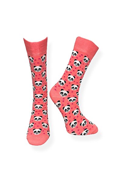 Mevo Tekli Unisex Panda Desenli Pembe Renkli Esnek Nem Alabilen Pamuklu Çorap