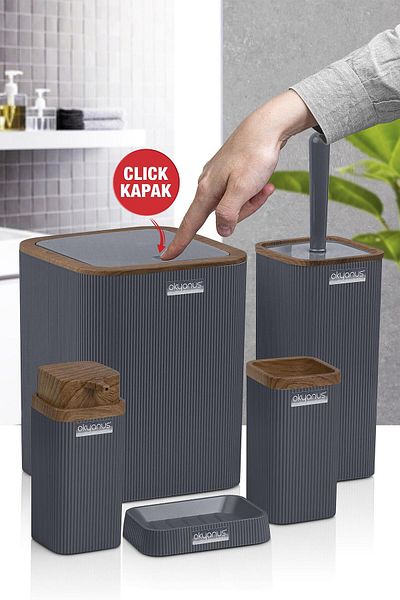Okyanus Home Σετ μπάνιου Stella Anthracite με ξύλινο σχέδιο ριγέ 5 τεμαχίων