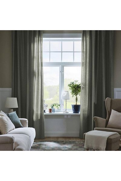 erorex Curtains with tie-backs, 1 pair, with heading tape/light grey-green, 140x300 cm