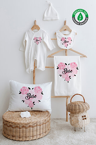 Lilabio %100 Organik Isme Özel Isimli 6lı Hastane Çıkışı Tulum Set Kalp Çiçek