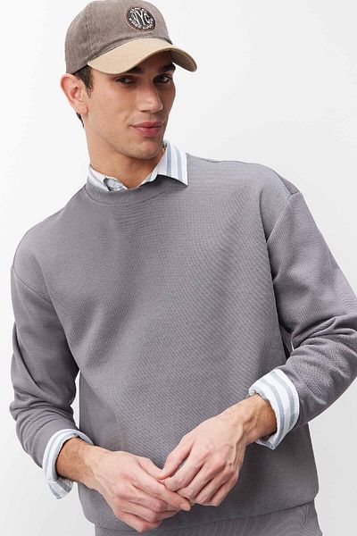 DeFacto Φούτερ Boxy Fit Crew Neck Basic απλό πικέ φούτερ E1519AX25SP