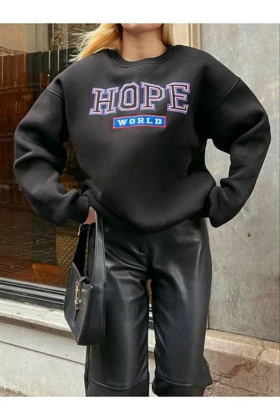 1blood Hope World Κεντημένο Μαύρο Oversize Φούτερ - Χοντρό Σχέδιο