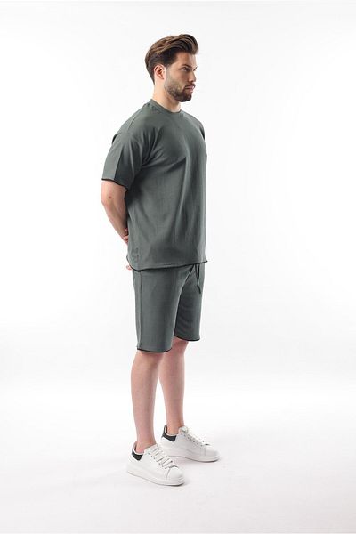 Madmext Χακί Κέντημα Λεπτομερές Ανδρικό Σορτς T-shirt Σετ E7305