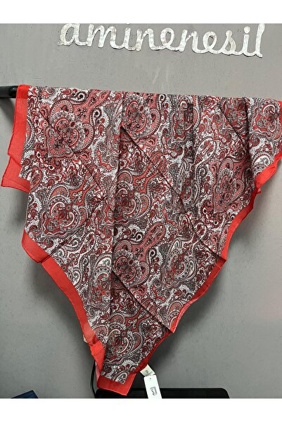 AMİNENESİL وشاح أمين بنمط عرقي - شال حرير/قطن لون أحمر بيج