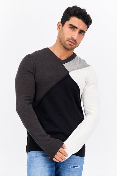 Perry Ellis Men V-neck Long Sleeves Colorblock Sweater, Black