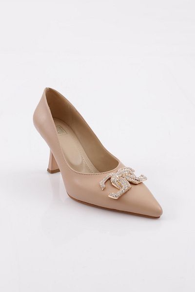 DGN Women's Flat and Reverse Letter C Buckle Silver Stone Pointed Toe Heeled Shoes Beige 2485297