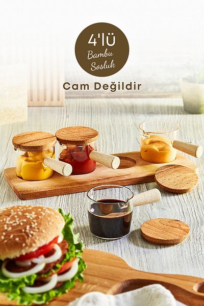 GRİMOR Life 4-Piece Bamboo Handle Mica Sauce Bowl with Wooden Stand, Jam Bowl, Snack Bowl, Presentation Bowl - Not Glass