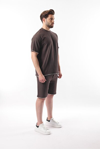 Madmext Καφέ Κέντημα Λεπτομερές Ανδρικό Σορτς T-shirt Σετ E7305