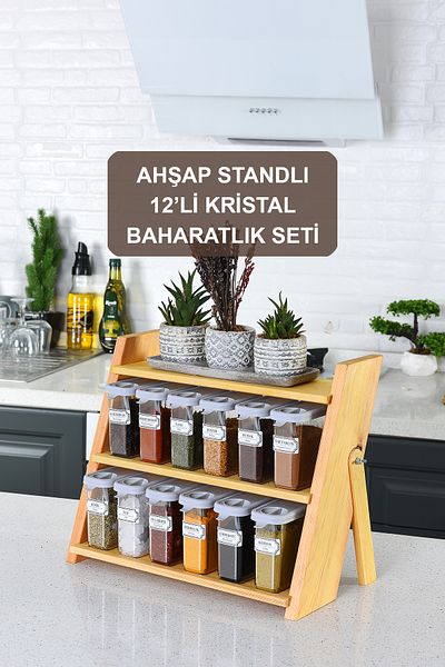 Rakishdesigner Countertop Spice Set with Wooden Stand, Crystal 12-Piece Spice Set, Spice Set with Spoon