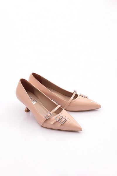 DGN Pantofi de dama cu toc scurt cu catarama in fata piele lacuita bej 3961535