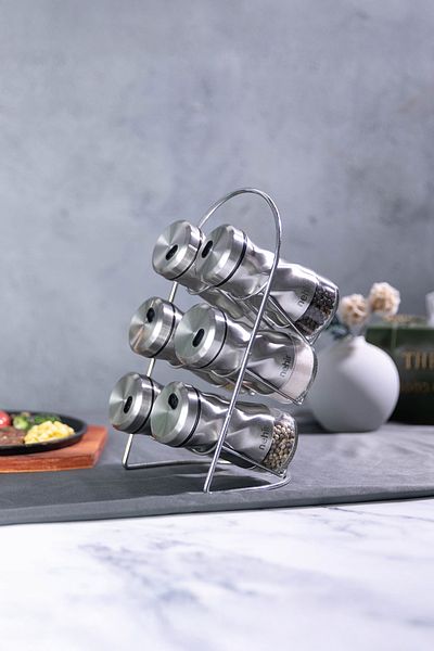 Nehir 6 Piece Stainless Steel Spice Rack Set with Twisted Stand