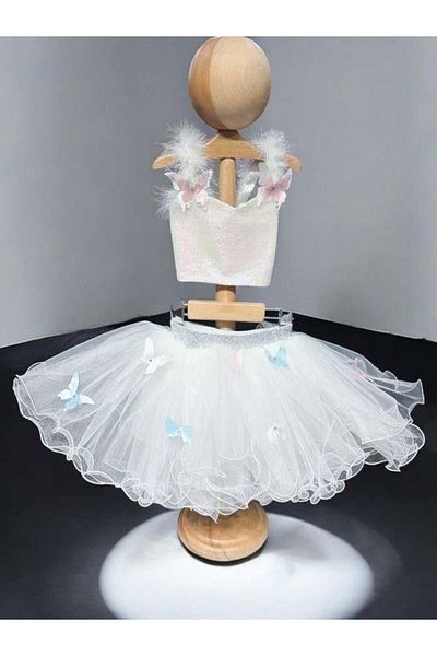 Okay Girl's Butterfly Patterned Sequin Cropped Tutu Skirt Set