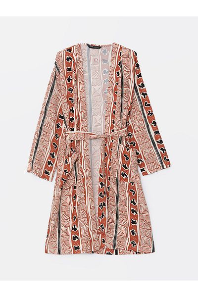 LC Waikiki Lcw Modest Orange Shawl Collar Print Oversize Women's Kimono