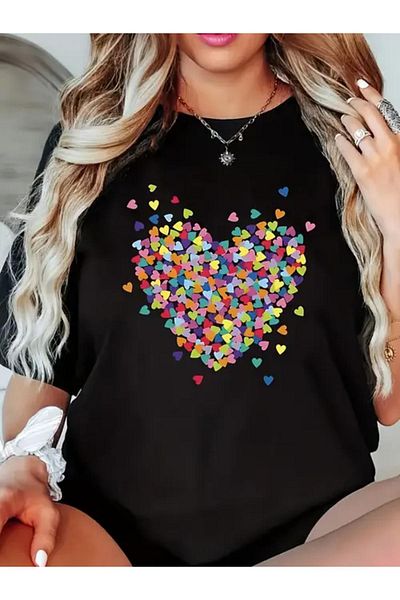 Machetta Plus Size Women's Colorful Heart Printed Oversize T-Shirt