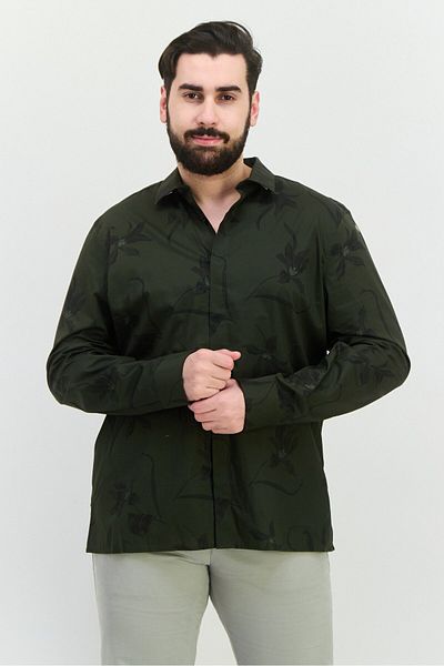 Perry Ellis قميص رجالي كاجوال بأكمام طويلة مزين بنقشة زهور، زيتوني