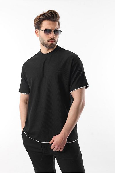 Madmext Černá výšivka Detailní pánské šortky T-shirt Set E7305